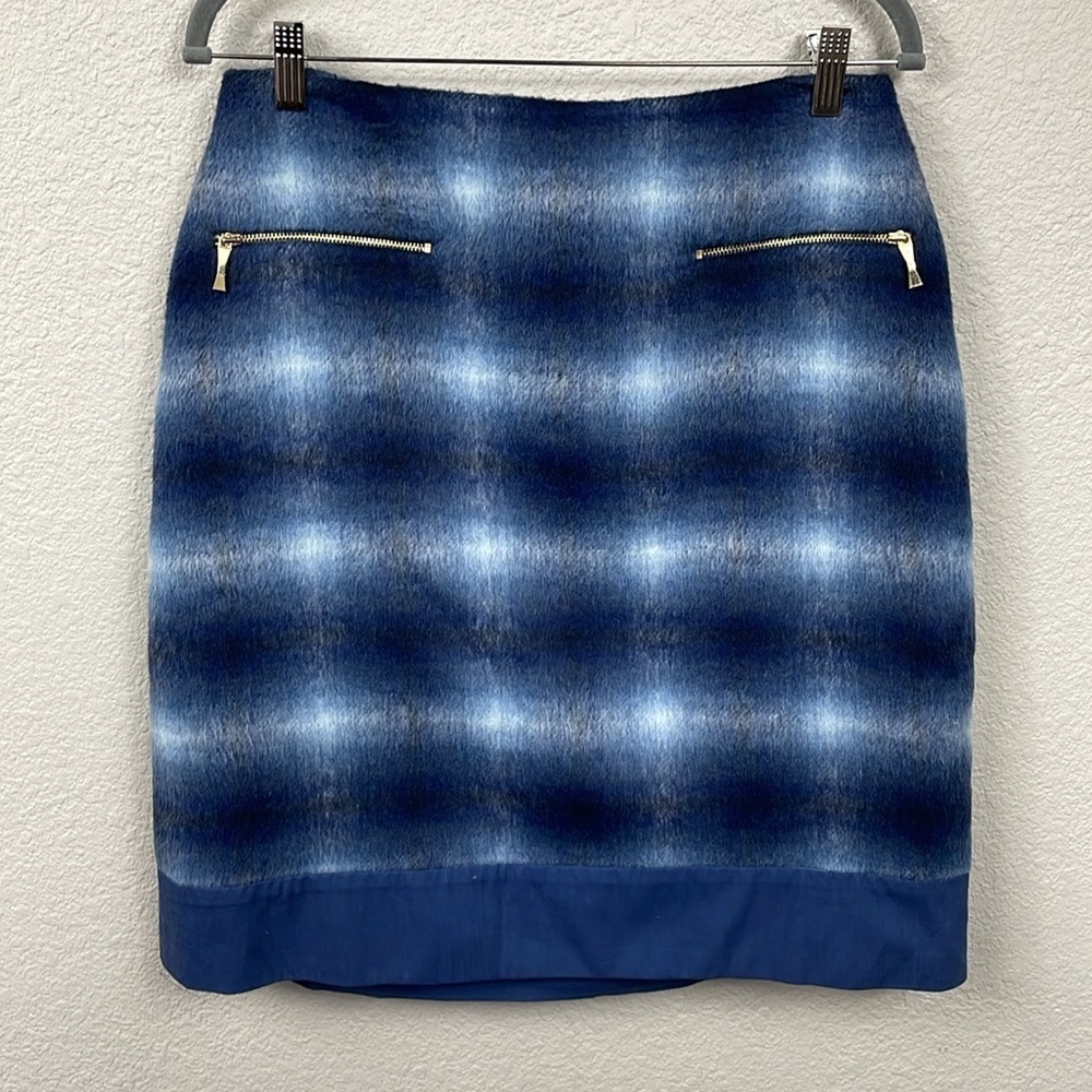 Kate Spade Blur Plaid Soft Wool Blend Zip Pocket Skirt Blue Straight Pencil